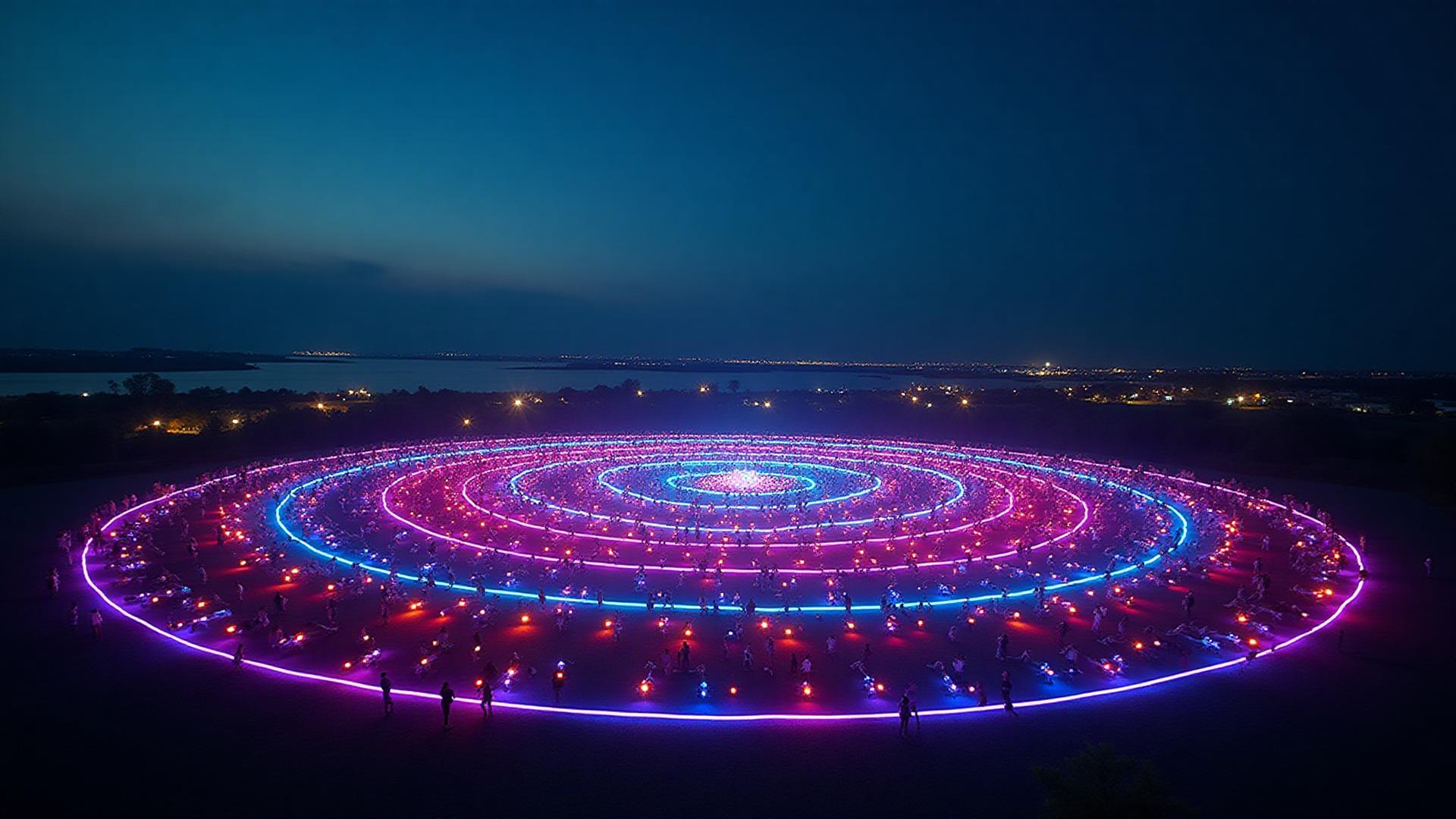 SkyBlitz drone light show performance — hundreds of illuminated drones forming patterns in the night sky over Chennai, India